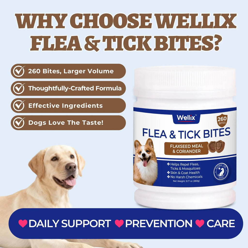 Wellix Flea & Tick Support Chews for Dogs - Essential Skin & Coat Care Supplement for Happy, Healthy Pets