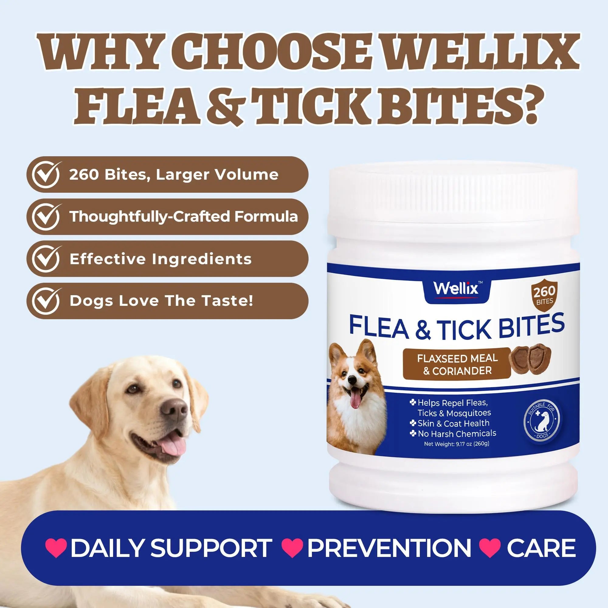 Wellix Flea & Tick Support Chews for Dogs - Essential Skin & Coat Care Supplement for Happy, Healthy Pets